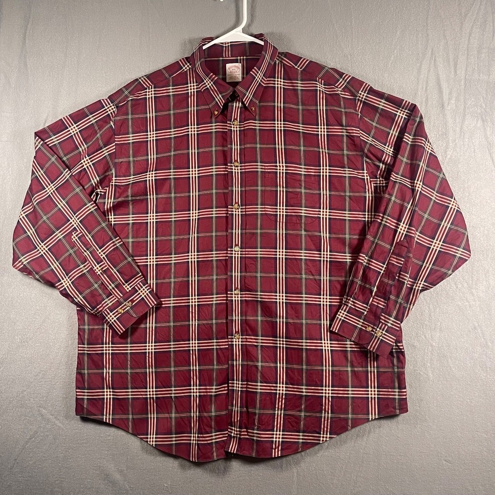 Brooks Brothers Mens XXL Burgundy Plaid Shirt Supima Cotton Non Iron Button Down